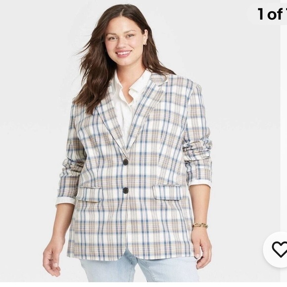 Ava & Viv Jackets & Blazers - Plaid Single-Breasted Blazer in Blue & Cream